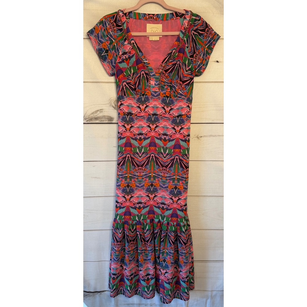 Vanessa Virginia Anthropologie Beaded Geometric Print Ruffle Midi Dress Pink 2